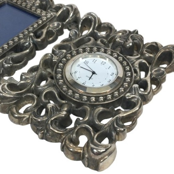 Silver-Plated Picture Frame & Clock Desk Top Beautiful Ornate Scroll Work Design - Picture 9 of 10